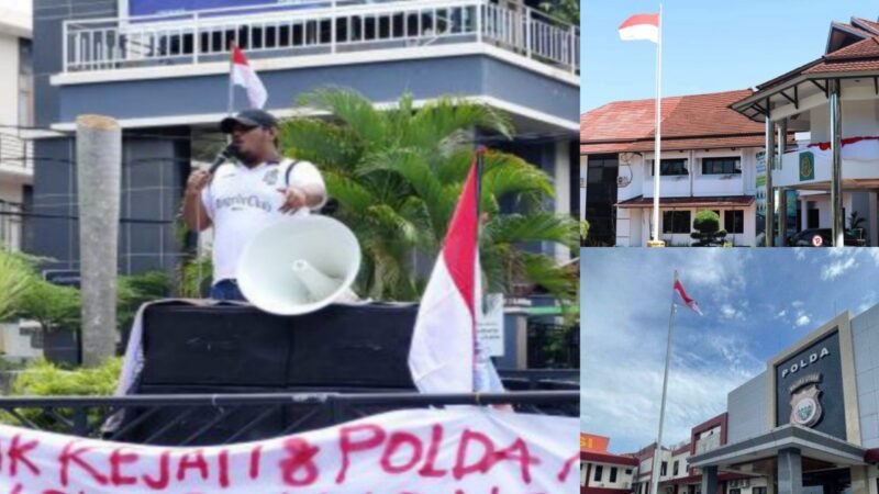 Alimun Nasrun saat berdemonstrasi, Rabu 4 Juni 2025/Kantor Kejati Malut dan Polda Malut || dok : kasedata.id