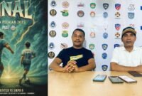 Flayer final liga pelajar/Sekretaris Askot PSSI Ternate Kobe Rusdi dan Ketua Panitia Irwan Muhammad || Foto : kasedata