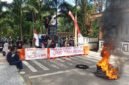 Ikatan Pelajar Mahasiswa Busua (IPMB) saat menggelar aksi demonstrasi di depan Kantor Bupati Halsel, Senin (28/7/2025). Sejumlah spanduk yang bertuliskan : Bangun Desa No, VCS Yes, Inspektorat dan DPMD tidak becus, ikut dibentangkan sebagi bentuk protes kepada Bupati Halsel || Foto : Ridal_kasedata