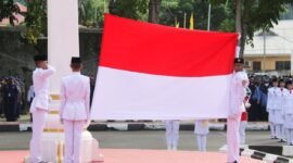 Prosesi upacara proklamasi kemerdekaan RI ke-80 yang digelar di halaman Istana Daerah, Desa Fagudu, Kecamatan Sanana || Foto : Karno_kasedata