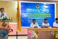 Safri Talib saat menyampaikan sambutan usai terpilih sebagai Ketua IKA PMII Halsel. (doc: Ridal/Kasedata)