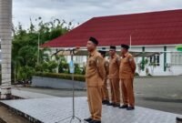 Asisten I Sekretariat Daerah (Setda) Halsel, Hi. Bustamin Soleman, saat memimpin apel gabungan ASN Pemkab Halmahera Selatan. || dok : Ridal/Kasedata