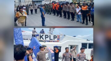 Tim gabungan dari berbagai unsur, mulai dari personel Polres Ternate, Brimob Polda Maluku Utara, TNI, BPBD, Dinas Sosial, Basarnas, hingga organisasi kemanusiaan seperti Baznas dan ORARI saat bergerak ke Kecamatan Batang Dua untuk menyalurkan bantuan kepada warga yang terdampak. || dok : Adpim Malut