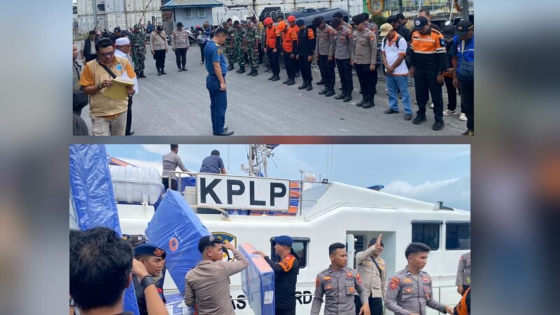 Tim gabungan dari berbagai unsur, mulai dari personel Polres Ternate, Brimob Polda Maluku Utara, TNI, BPBD, Dinas Sosial, Basarnas, hingga organisasi kemanusiaan seperti Baznas dan ORARI saat bergerak ke Kecamatan Batang Dua untuk menyalurkan bantuan kepada warga yang terdampak. || dok : Adpim Malut