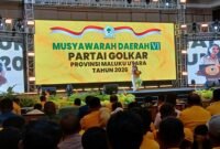 Gubernur Maluku Utara, Sherly Tjoanda menyampaikan sambutannya pada Musyawarah Daerah (Musda) ke-VI Partai Golongan Karya (Golkar) Maluku Utara yang digelar di Hotel Bela Ternate. || dok : Ilham/Kasedata