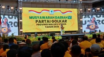 Gubernur Maluku Utara, Sherly Tjoanda menyampaikan sambutannya pada Musyawarah Daerah (Musda) ke-VI Partai Golongan Karya (Golkar) Maluku Utara yang digelar di Hotel Bela Ternate. || dok : Ilham/Kasedata