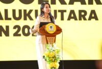 Gubernur Maluku Utara, Sherly Tjoanda memberikan sambutan pada Musyawarah Daerah (Musda) ke-VI Partai Golkar Maluku Utara yang dihadiri Ketua Umum DPP Partai Golkar sekaligus Menteri Energi dan Sumber Daya Mineral (ESDM), Bahlil Lahadalia. || dok : Adpim Malut