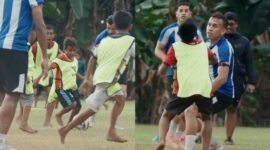 Pelatih Dewa United saat membuat laga kecil untuk menghibur anak-anak Sulamadaha usai latihan [ Foto : tangkapan layar Dewa United]
