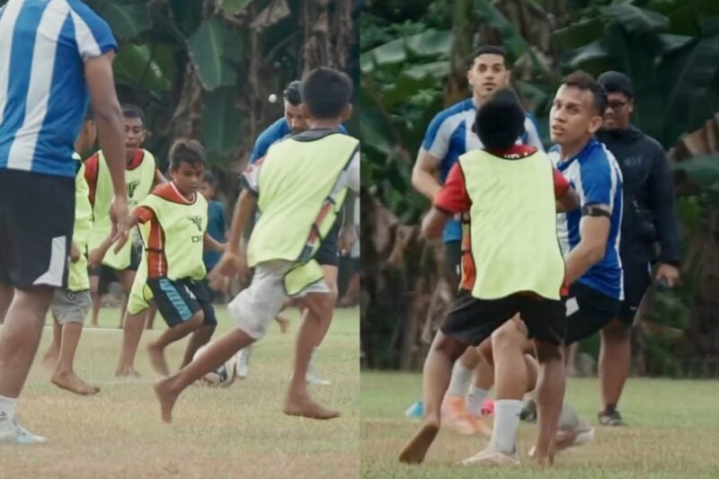 Pelatih Dewa United saat membuat laga kecil untuk menghibur anak-anak Sulamadaha usai latihan [ Foto : tangkapan layar Dewa United]