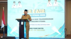 Wakil Gubernur Maluku Utara, H. Sarbin Sehe membuka Job Fair Inklusif 2026 di Ballroom Marahai Park Hotel, Tobelo. || dok : Humas/Adpim Malut