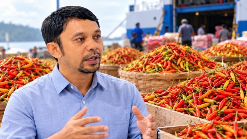 Kepala Disperindag Maluku Utara, Ronny Saleh, saat memberikan keterangan terkait kedatangan 7 ton pasokan rica nona untuk menekan lonjakan harga cabai di Maluku Utara. || Foto : Kasedata.id
