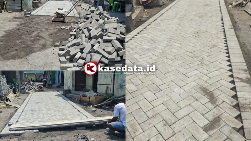 Pekerjaan jalan paving yang berlangsung di lingkungan RT 06 Kelurahan Kayu Merah [dok : kasedata.id]